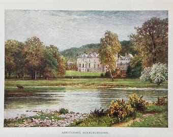 Scotland Abbotsford Roxburghshire Vintage Print Watercolour Painting Scottish Country House Landscape Picture