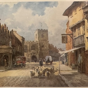 Stratford Upon Avon High Street Warwickshire Vintage Print Watercolour Painting Shakespeare Old Buildings English Architecture Picture