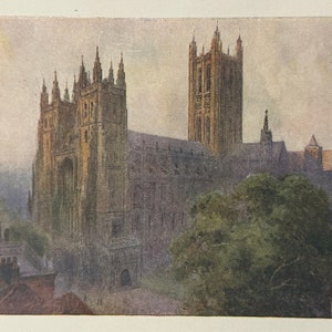 Canterbury Kent Canterbury Cathedral Vintage Print Watercolour Painting Art Antique Artwork English City Medieval Architecture Picture
