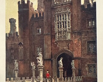 May include: Watercolor painting of a large, ornate brick building with multiple towers and arched entrances. The building has detailed stonework and windows. A person in a red coat stands on a stone walkway. Statues are on the walkway.