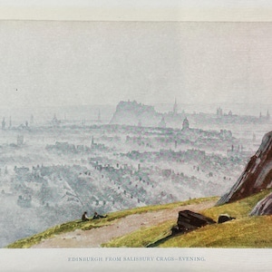 Scotland Edinburgh from Salisbury Crags Vintage Print Watercolour Painting Art Antique Artwork Scottish Cityscape Landscape Picture