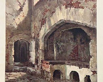 May include: Watercolor painting of an aged stone interior with arched doorways and alcoves. The walls are weathered, showing exposed brick and plaster. A pair of antlers is visible on the wall. The floor is paved with stone. The artist's signature is in the lower right corner.