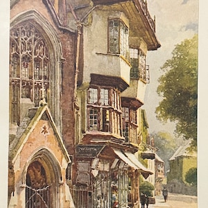 Puede incluir: Una pintura al agua de un edificio histórico con un balcón y una tienda en la planta baja. El edificio está pintado en tonos marrones y blancos, con un árbol verde en el fondo. La tienda tiene un letrero que dice "W. Smith".