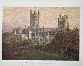 Kent Canterbury Cathedral Vintage Small Print Watercolour Painting English Medieval Cathedral Architecture Landscape Picture