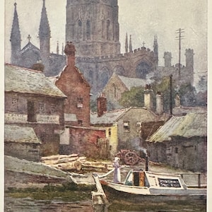 Chester Cheshire Chester Cathedral from the Canal Vintage Print Watercolour Painting Art Antique Artwork English Old Medieval Architecture