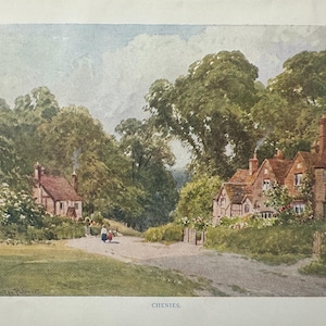 Buckinghamshire Chenies Vintage Print Watercolour Painting Art Antique Artwork English Rural Village Townscape Landscape Picture