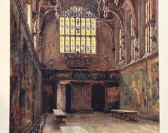 May include: Watercolor painting of a grand hall with a high, arched ceiling and stained-glass windows. The hall features long wooden tables and benches. The artwork is signed "E.W. Haslenust."