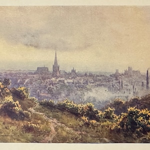Norwich and Norfolk Broads Norwich Cathedral from Mousehold Heath Vintage Print Watercolour Painting Art Antique Artwork English Landscape