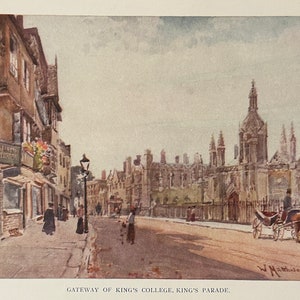 Cambridge Gateway of King’s College Vintage Print Watercolour Painting Home Decor Wall Art Antique Artwork University City Landscape
