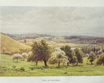 Avon & Shakespeare's Country Vale of Evesham Worcestershire Vintage Print Watercolour Painting English Countryside Landscape Picture