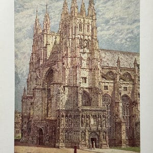 England Canterbury Cathedral The West End Kent Vintage Print Watercolour Painting Art Antique Artwork English City Architecture Picture