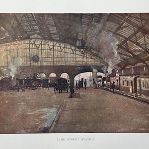 Liverpool Lime Street Railway Station Vintage Print Watercolour Painting Art Antique Artwork English City Architecture Picture