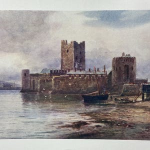 Ulster Ireland Carrickfergus Castle Belfast Vintage Print Watercolour Painting Art Antique Artwork Irish Landscape Seascape Medieval Castle