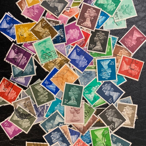 75 Different Colourful British used Machin Queen Elizabeth stamps for crafting, decoupage, scrapbooking and journaling