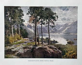Lake District Derwentwater from Castle Head Cumbria Vintage Small Print Watercolour Painting English Mountains Landscape Picture