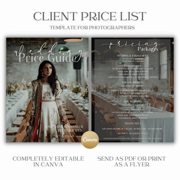 Canva Pricing Guide for Wedding Photographers, Customizable Photography Package Pricing List Sheet Template, Editable Price Sheet Flyer