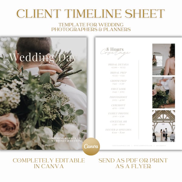 Canva Wedding Day Photography Timeline Schedule Guide Template, Photographer Editable Order of Events Guide Canva Template