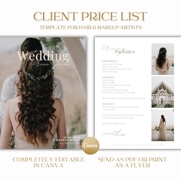 Canva Pricing Guide for Wedding Makeup & Hair Stylists, Customizable Beauty Pricing List Sheet Template, Editable Price Sheet Flyer