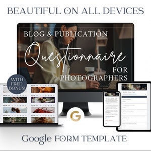 Puede incluir: Una plantilla de formulario de Google para fotógrafos, que se muestra en una pantalla de computadora, una computadora portátil, una tableta y un teléfono inteligente. El formulario se titula "Cuestionario de blog y publicación para fotógrafos".