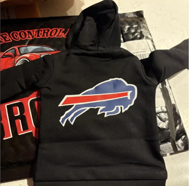 May include: Black hooded sweatshirt featuring the Buffalo Bills logo on the back. The logo is a blue buffalo with a red stripe and white outline. The sweatshirt has a drawstring hood and long sleeves.