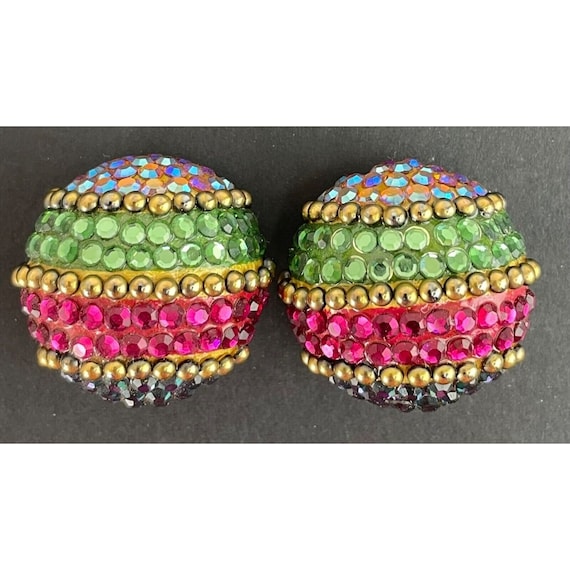 Vintage Multicolored Domed Rhinestone Clip On Ear… - image 2