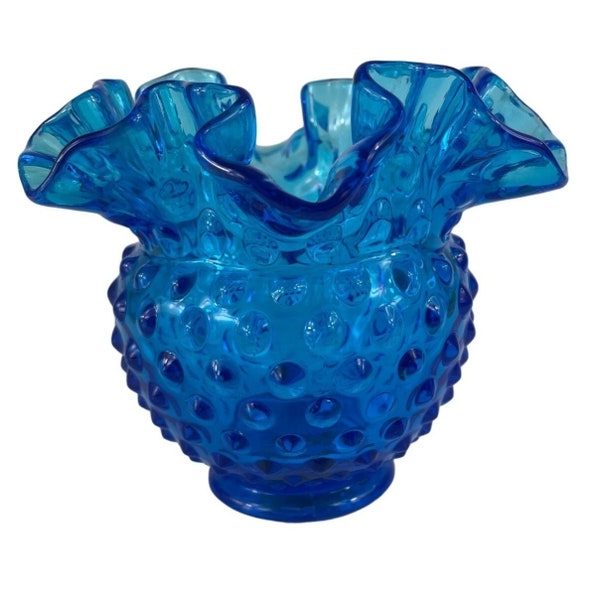 Fenton Colonial Blue Double Crimped Hobnail Ruffled Rim Glass Vase