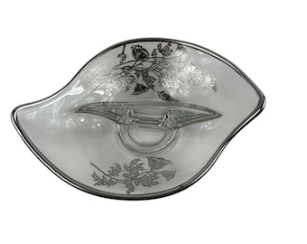 Silver City Flanders Pattern Divided Glass Bowl Silver Overlay Floral Design