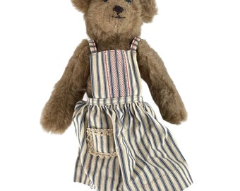 Teddybeer met stoffen schort Vintage 15" Jointed gevuld pluche bruin