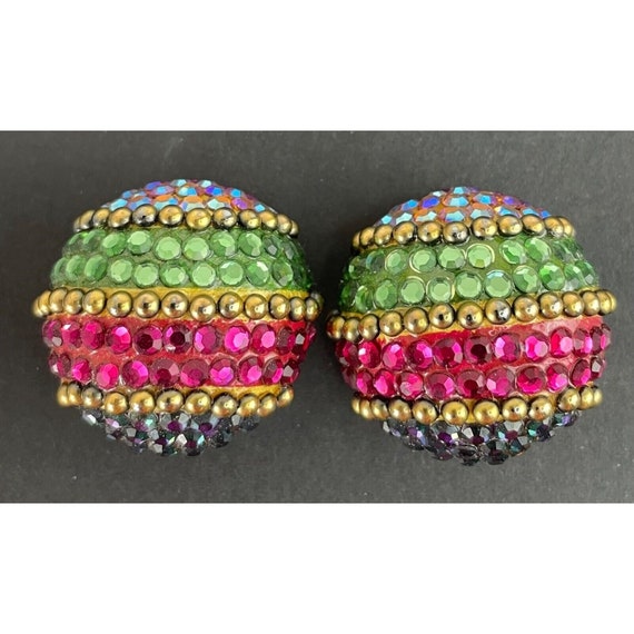 Vintage Multicolored Domed Rhinestone Clip On Ear… - image 3