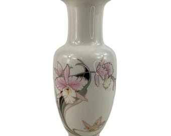 Hand-Painted White Porcelain Vase With Pink Orchid Design & Gold Trim Made In Japan