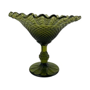 Vintage Green Glass Compote With Diamond Pattern & Ruffled Edge Pedestal Bowl