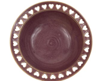 Vintage 8" Stoneware Serving Bowl w/Heart Cutout Rim Burgundy Pottery Ceramic