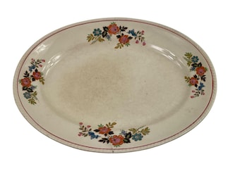 Vintage Crown Ivory China Oval Serving Platter With Floral Pattern & Red Rim