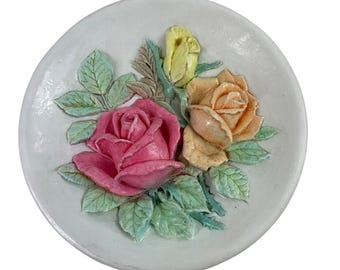 Vintage Ceramic Plate Raised Rose Floral Design Pink Yellow & Orange Wall Plaque