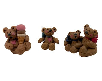 Vintage Handmade Set of 3 Polymer Clay Brown Bear Miniature Figurines