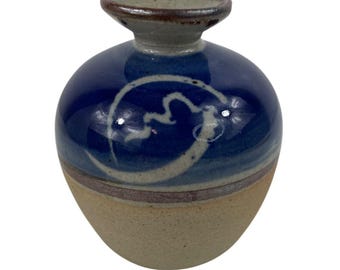 Handmade Buck Pottery Vase Signed 2001 Texas Blue & Tan Ceramic Art Piece