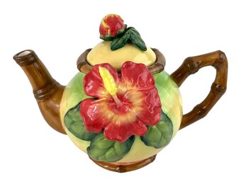 Burton & Burton Colorful Hibiscus Themed Lidded Ceramic Teapot