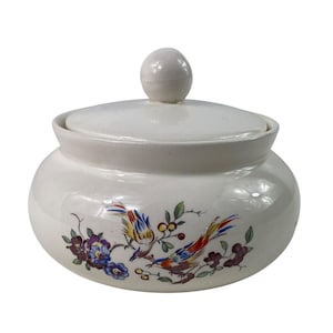 May include: A white ceramic jar with a lid and a round knob. The jar is decorated with colorful birds and floral patterns in blue, purple, red, and yellow. The jar is a decorative item.