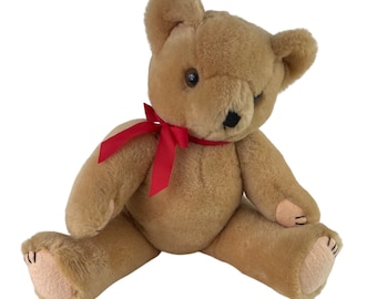 Teddy Bear Brown Stuffed Plush Vintage 16" Jointed with Red Bow