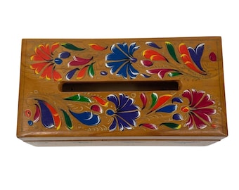 Hand-Painted Mexican Lacquered Wood Tissue Box Cover Floral Design Rectangular