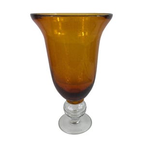 Amber Glass Footed Vase With Clear Base Vintage Hand Blown Bubble Design