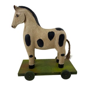 Vintage Wood Pull Toy Horse On Wheels Hand Painted Folk Art Design