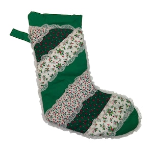 Handmade Vintage Christmas Stocking Green Patchwork Lace Trimmed