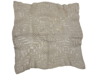 Handmade Vintage Beige Crochet Square Doily Tabletop 19"x19" Openwork Pattern