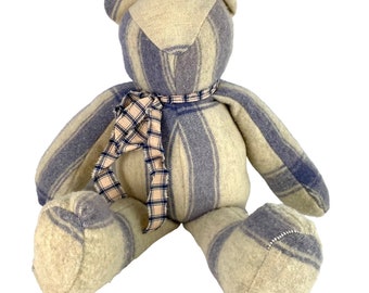 Handgemaakte teddybeer 18" blauw & wit vilten vintage gevulde pluche boerderij