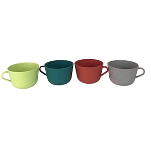 May include: Four colorful plastic mugs in shades of green, teal, red, and gray. Each mug has a rounded shape with a handle on the side. The mugs are arranged in a row against a white background.