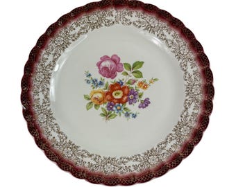 Vintage Vanity Fair June Time Floral Dinner Plate Gold Filigree & Burgundy Rim
