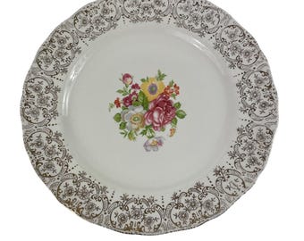 Vintage Canonsburg 10" Dinner Plate With Floral Center & Gold Filigree Border Design