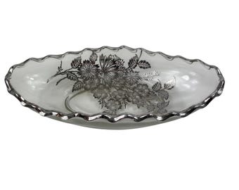 Silver City Flanders Relish Dish 8" Oval Clear Glass Floral Design & Silver Trim