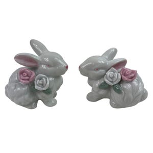 Vintage Set of 2 White Porcelain Bunny Rabbits Raised Flower Accents Easter